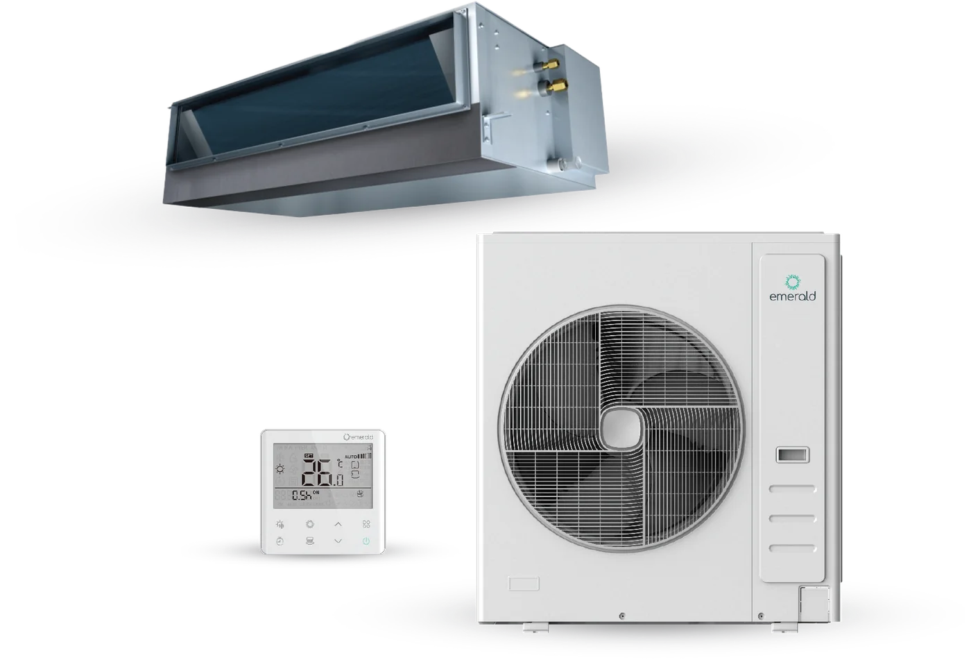 Emerald Ducted Ultra 16kW indoor fan coil, outdoor unit and wall controller