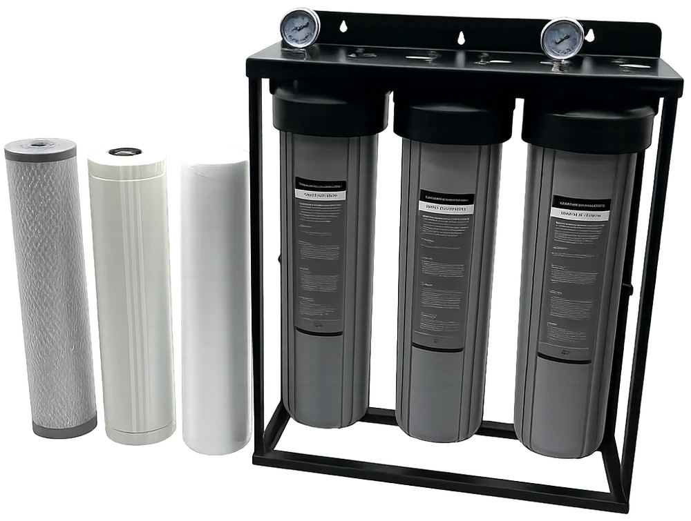 Full-size 20 inch filter cartridges alongside the Viva triple housing and mounting frame