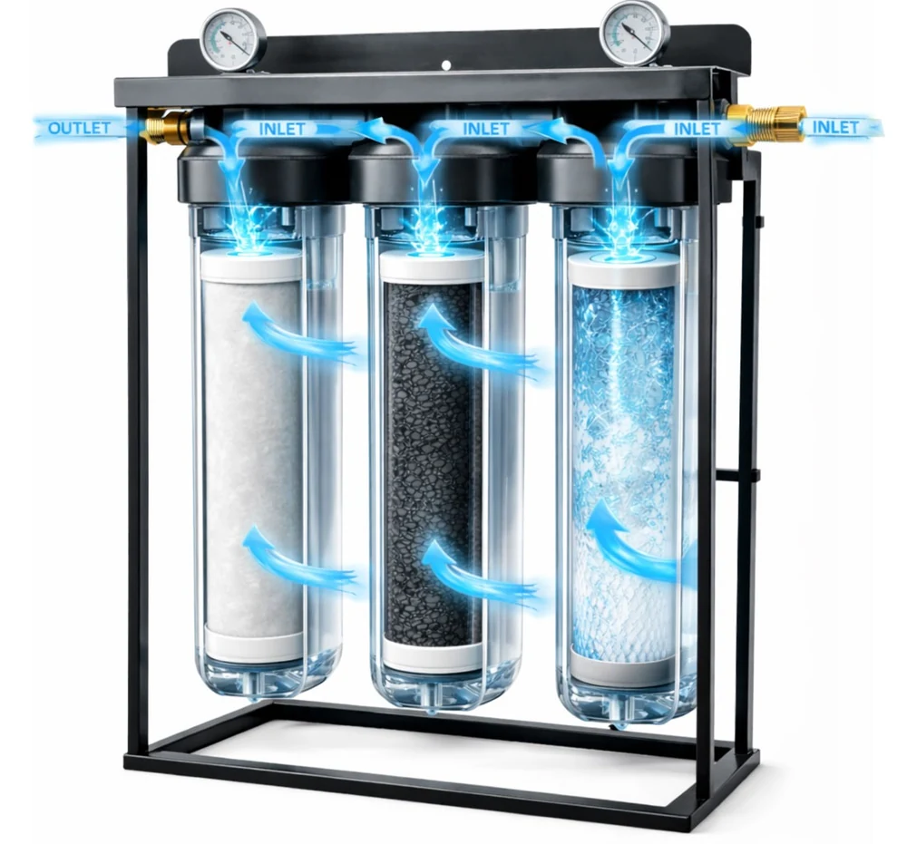 Cut-away diagram of the Viva whole home water filter showing water flow through each stage
