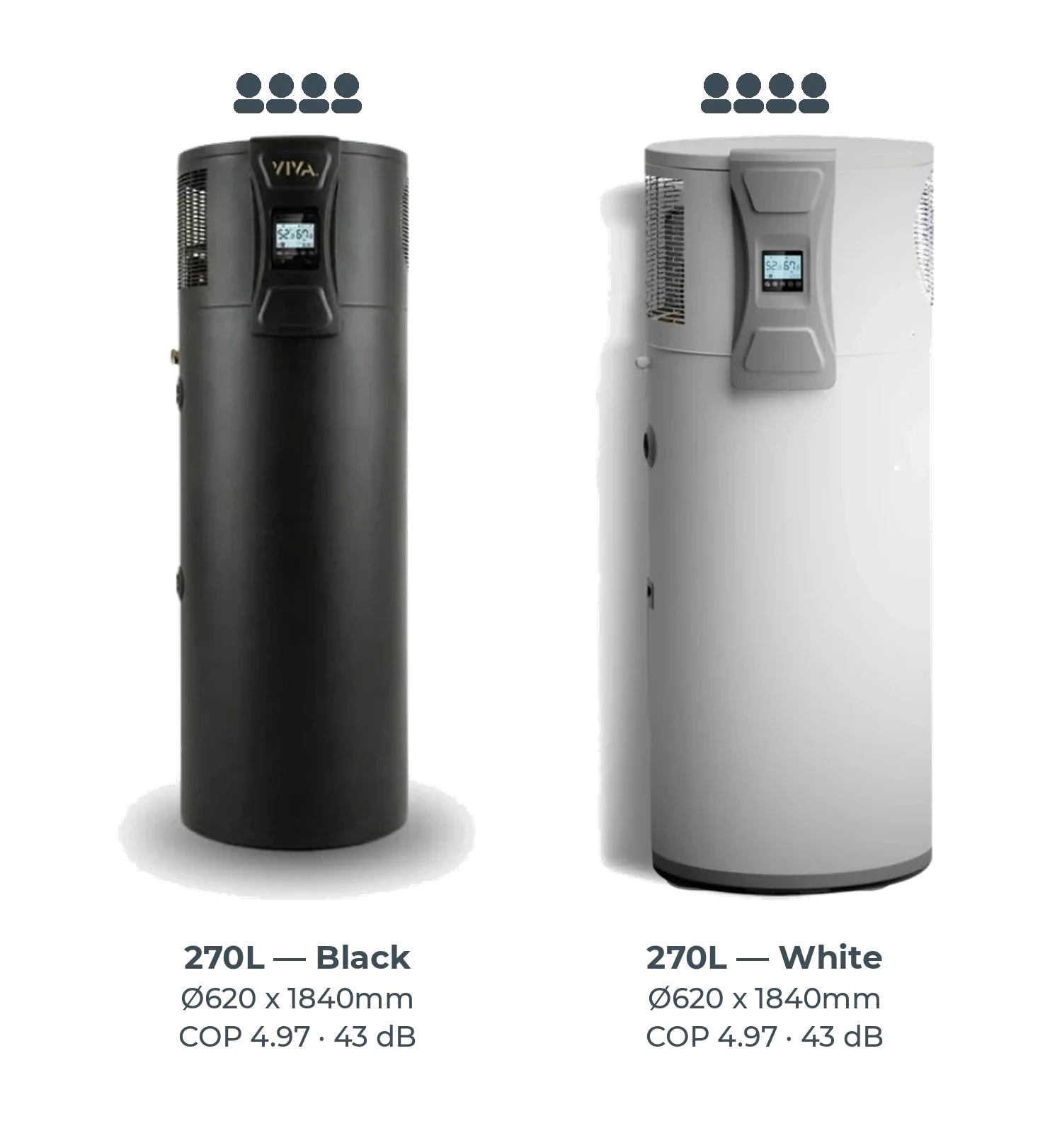 Viva 270L all-in-one heat pump in black and white finishes with dimensions
