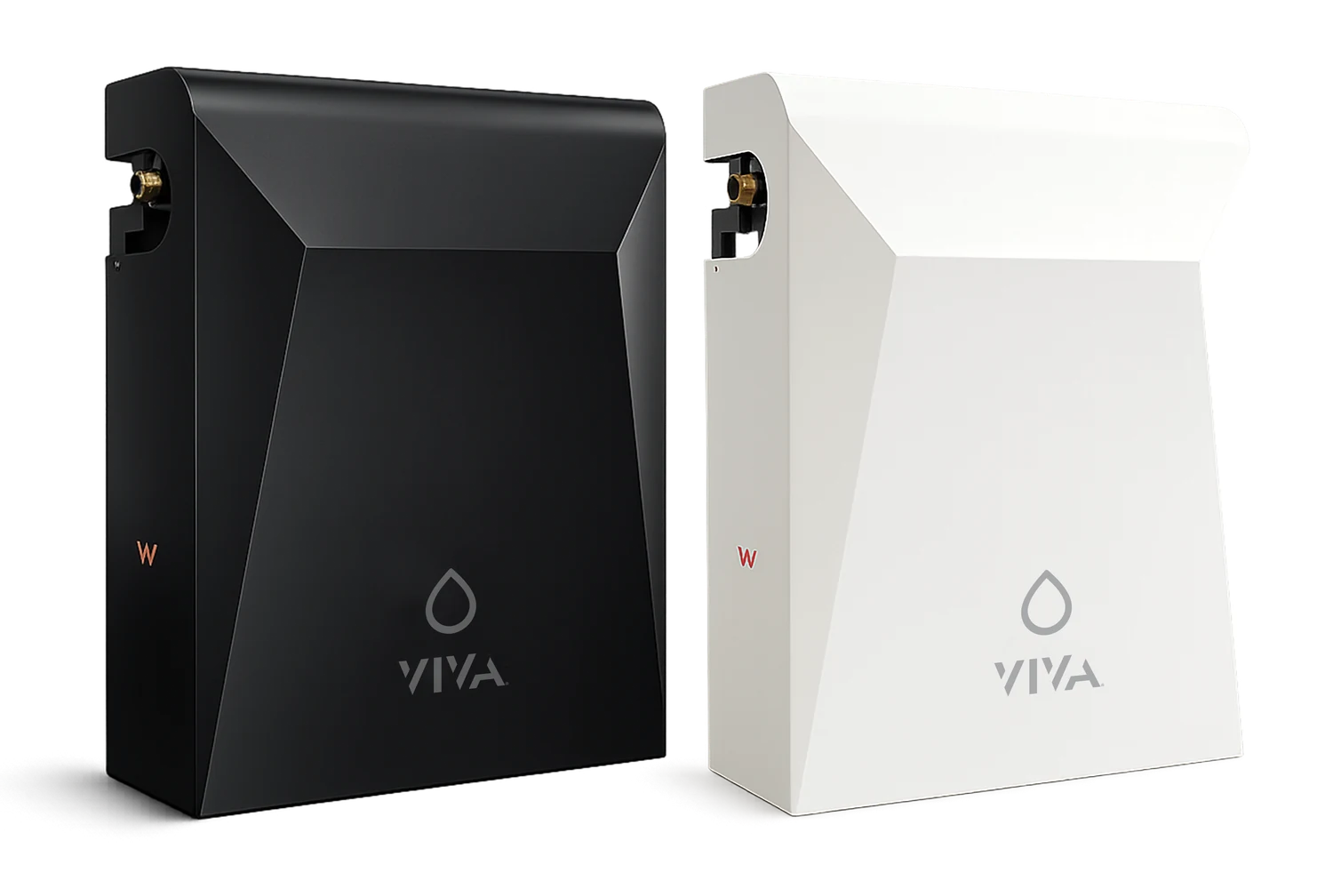 Viva whole home water filter shown in black and white finishes
